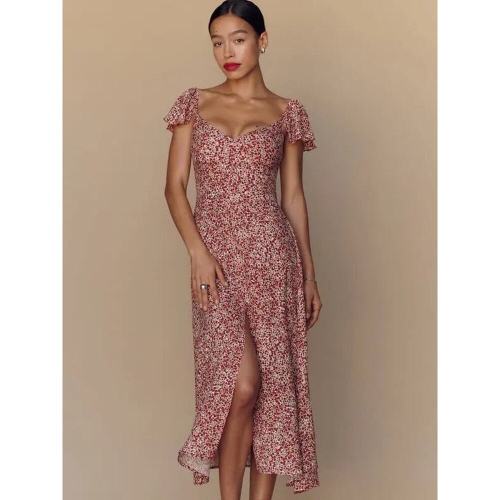 New Reformation Baxley Dress Red Floral Slit Back Zip Short Sleeve Sz 10